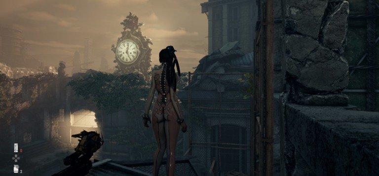 Eve from Stellar Blade in front of the Clock Tower in Edios 7 region of the Game